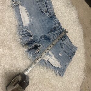 Free People Light Blue Distressed Denim Shorts button fly
